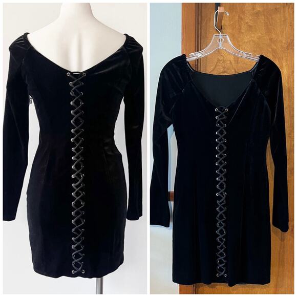 MARCIANO Velvet Corset Lace Up Bodycon Mini Dress Long Sleeve Black Women's S‎ - Picture 1 of 12
